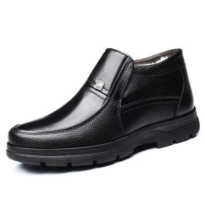 Men\'s Boots MUHUISEN Winter Leather Casual Snow Plush Warm Comfortable (BLACK)
