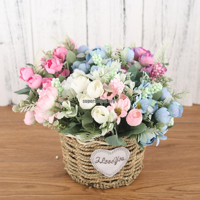 10 Heads Artificial Rose Small Flowers Bouquet Silk Fake Flowers Pink White Blue Wedding Home Decoration Faux Palm Leaves Decor