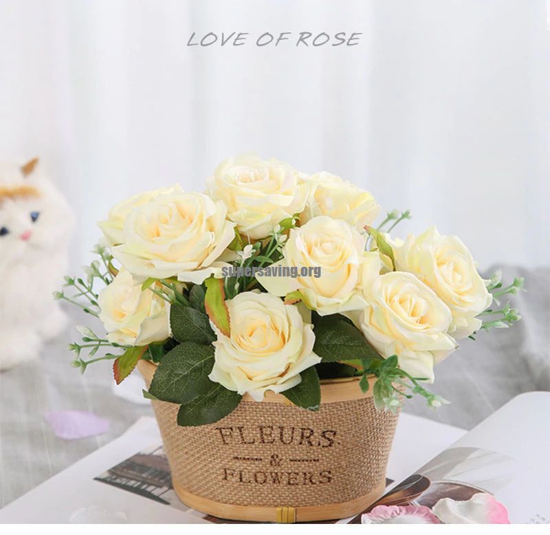 12 Head Pink Roses Bouquets Artificial Flower Bride Holding Rose Flowers Wedding Table party Decor Accessory