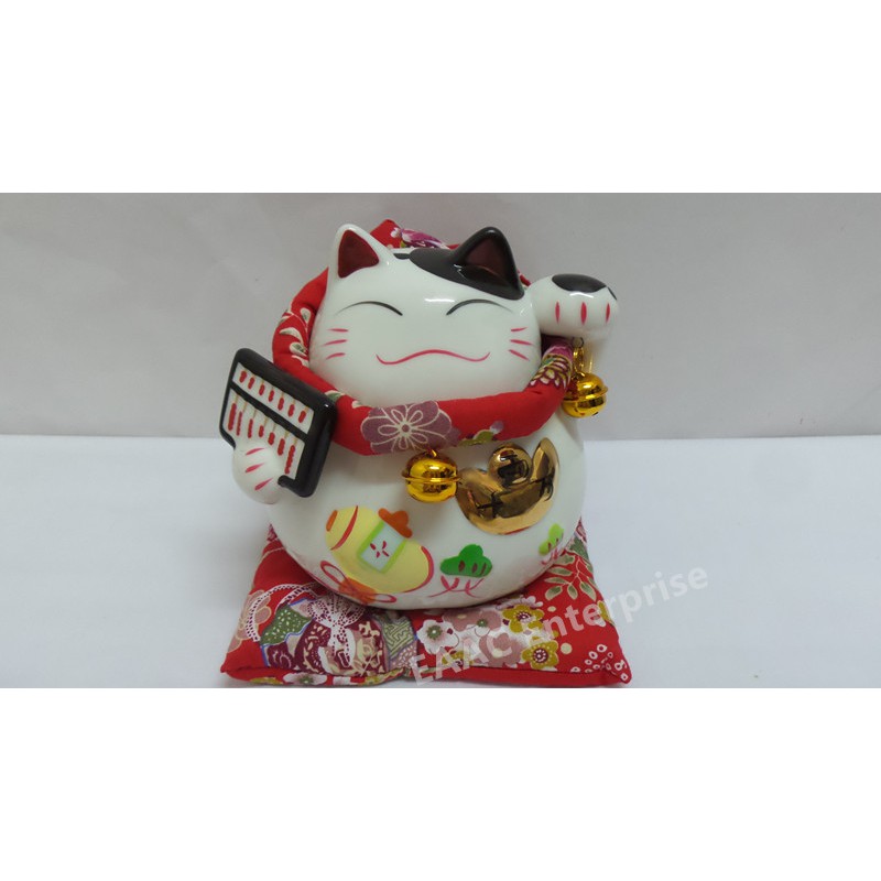 Ceramic Quality 6" Lucky Fortune Cat Saving Box Bank + Red Cushion 招财猫扑满