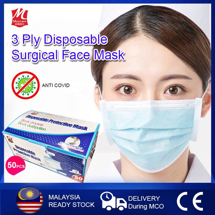 MALAYSIA : 50PCS FACE MASK / MASK MUKA ELAK VIRUS / MAXCARE 3 Ply 