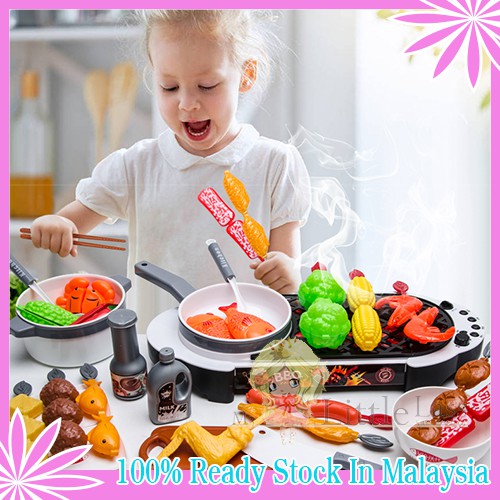 2 In 1 BBQ Steamboat Real Mist Children Rotating Hot Pot Barbecue Stove Toys Play House Simulation Kitchen Toys