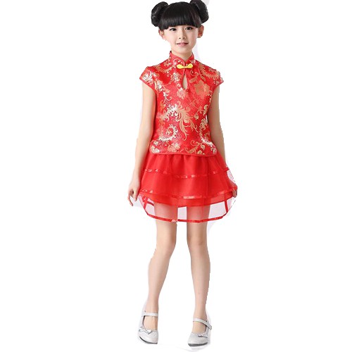 Chinese Cheong Sam 2pcs Tutu Skirt Set Red 5-7y