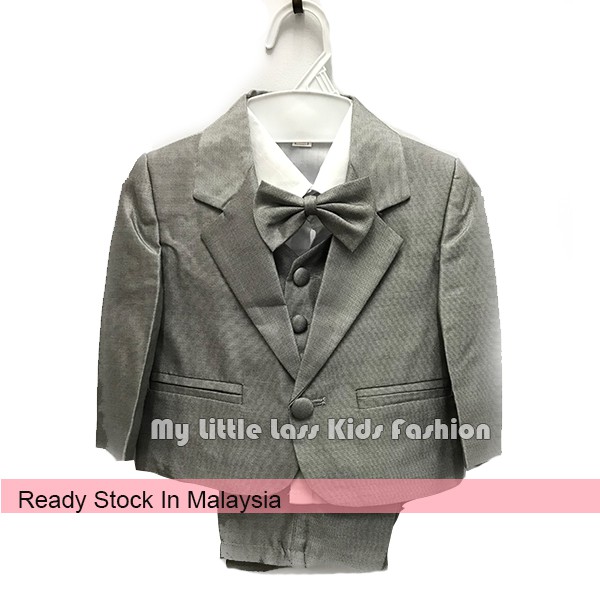 Luxury 5Pcs Little Boy Coat Vest Set with Bow Tie Coat Suit - Grey 3 MONTHS - 4Y