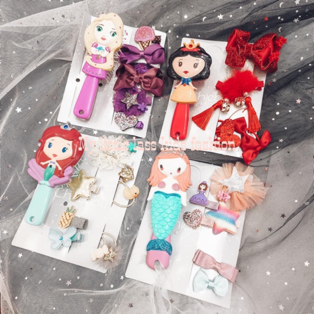 PRINCESS Comb and Clips Elsa Snow white Mermaid repunzel Set For Girls