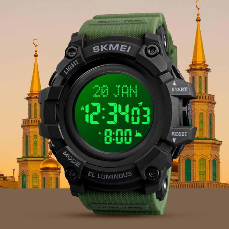 SKMEI 1680 Kiblat Men\'s Qibla Direction Time Pilgrimage Watch LED Light Languege Selection Date Alarm Hijri Calendar