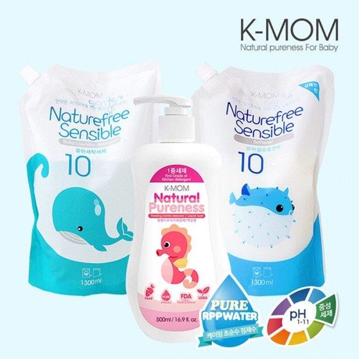K-Mom USDA Organic Feeding Bottle Cleanser (500ml) + Detergent Softener Refill (1300ml) + Laundry Detergent Refill (1300ml)