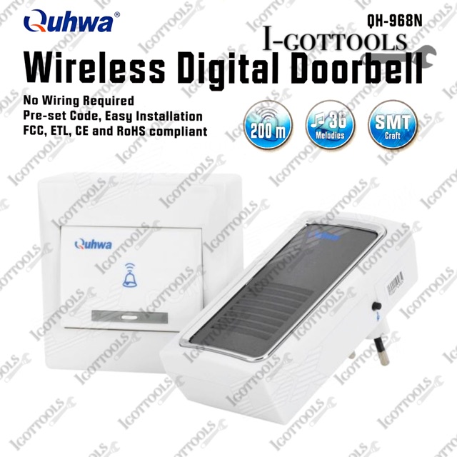 Quhwa QH-968N Wireless Digital Doorbell - White + Deep Grey (EU Plug / 110V~220V)