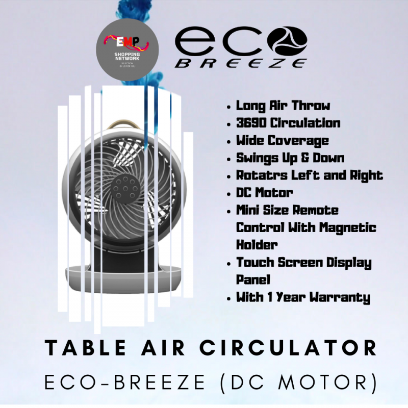 [ECOBREEZE] DC Motor Table Air Circulator Fan WIth Magnetic Remote Control | Portable | Long Throw | 360 Circulation | Best Use On Sidetable | Kipas Pengedaran Meja Mudah Alih | Buatan Malaysia | Kipas Meja 12 Speed | Remote Kawalan Jauh[EBTF01DC]