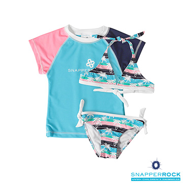(Snapper Rock)【Snapper Rock UPF 50+ Children's Sunscreen Swimsuit】 Girls Short-Sleeve Sunscreen Top + Bikini Swimsuit ? Palm Tree