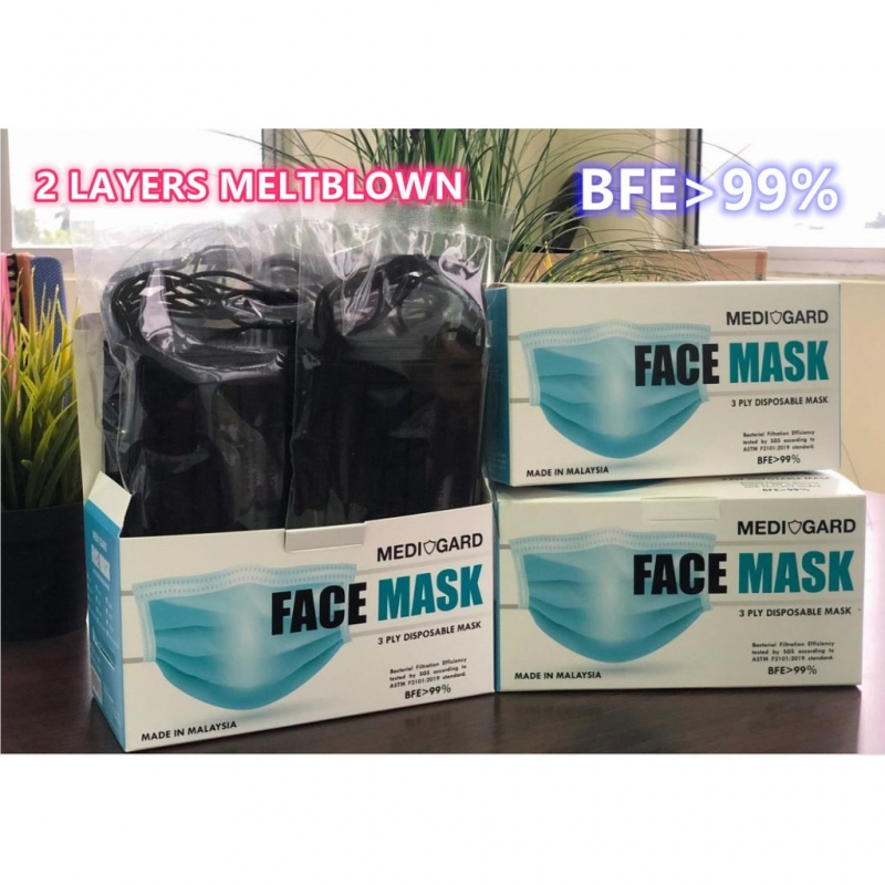 SGS Tested 3PLY Face Mask BFE >99% 50pcs Premium Black 2 layers Meltblown Technology