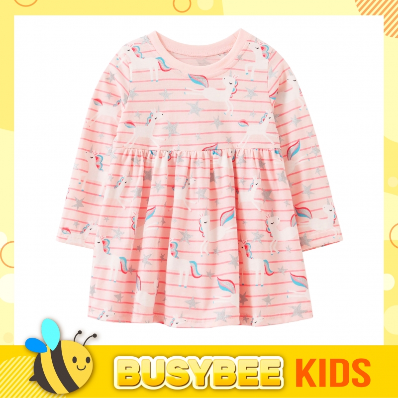 Kids Girl Stripe Dress 3-4 yrs old Long sleeve with Unicorn full print Pakaian Dress kanak-kanak perempuan umur 3-4