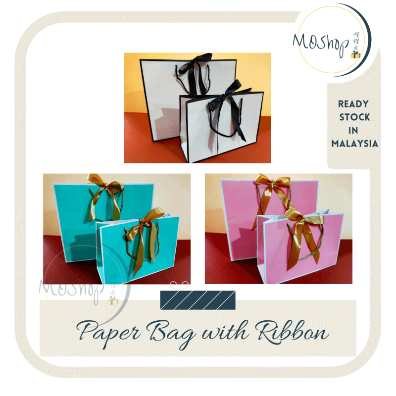Handle Gift Bag Paper Bag with Ribbon 手提袋 礼品包装纸袋 small size Plain Pure Colorful Goodies Shopping Store Bag