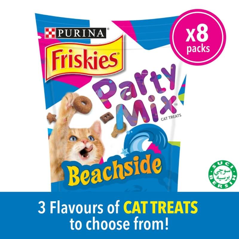 FRISKIES Party Mix Beachside Crunch: Tuna, Salmon & Snapper Flavours Dry Cat Treats pack (8 x 60g) - Pet Food/ Dry Food/ Cat Food/ Makanan Kucing