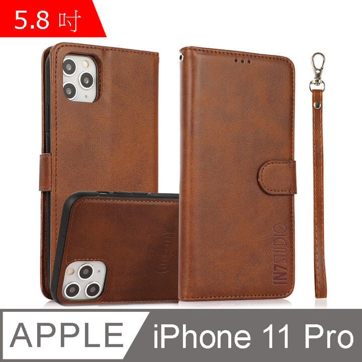 (IN7)IN7 Calf Grain iPhone 11 Pro (5.8 inches) Wallet Back Cover Two-in-one Magnetic Buckle Side Flip PU Leather Case-Brown