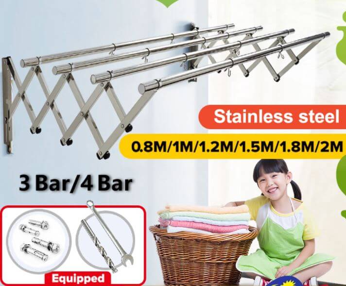 4 Bar 2M Retractable Cloth Hanger Stainless Steel Ampaian Baju Wall Mounted Clothes Drying Rack
