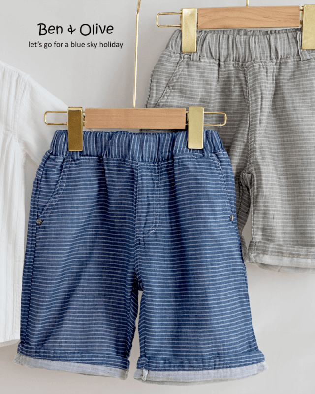 [Ready Stock] Paul Boy\'s White Striped Soft Cotton Shorts Available in Blue and Grey (3 to 8 Years Old)