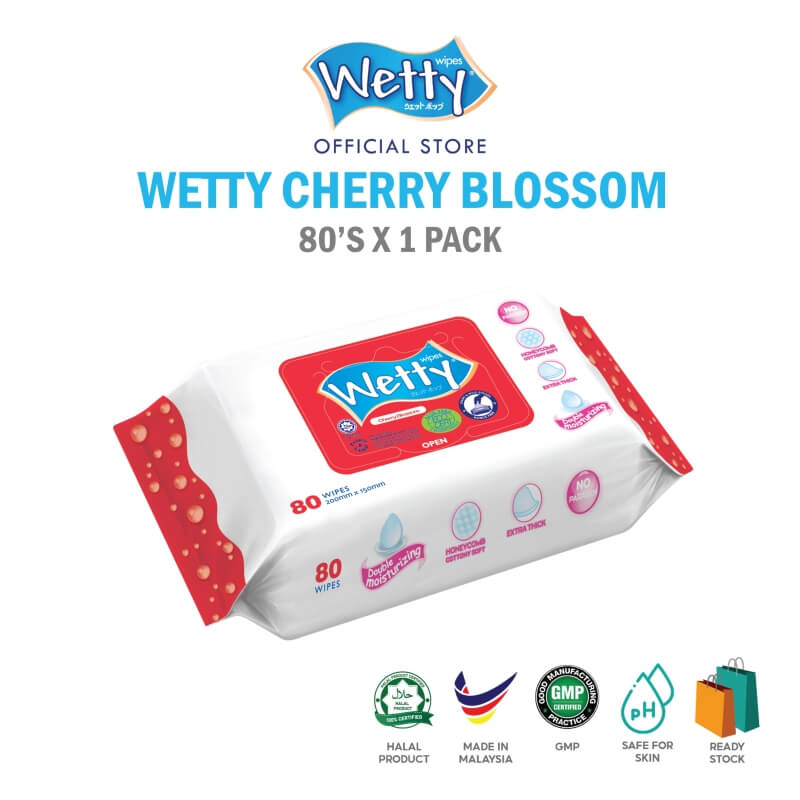 Wetty Wet Tissue Cherry Blossom Fragrance Wipes Tuala Basah Tebal 1pack x 80\'s