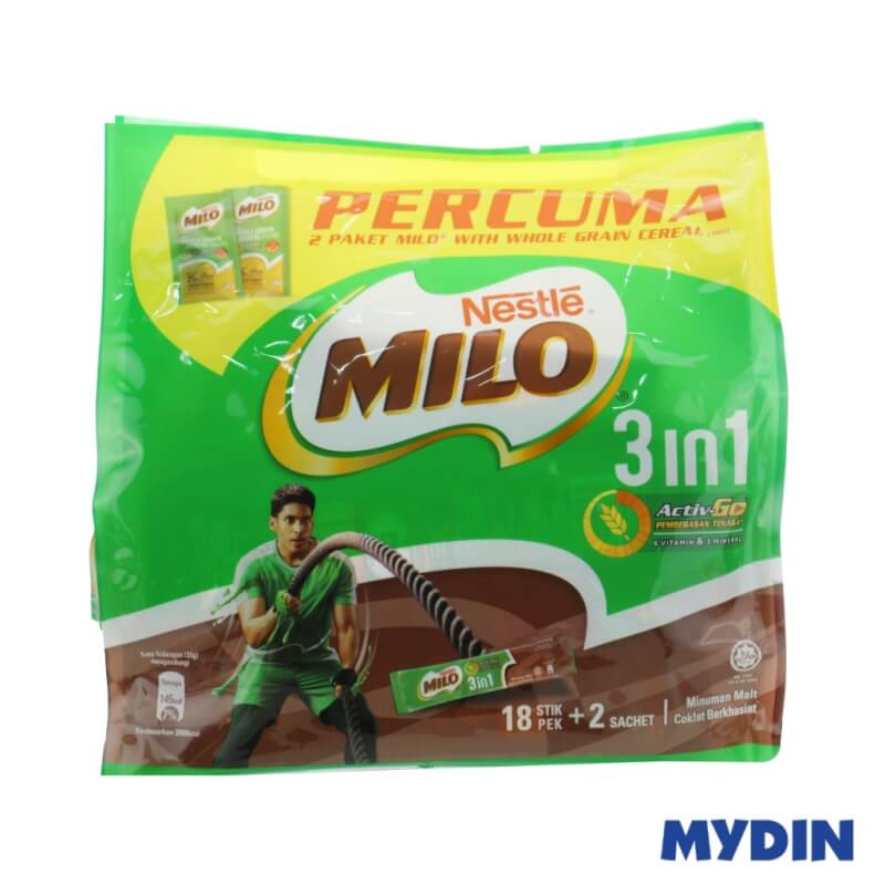 Milo Activ Go 3in1 Malt Drink (18’s x 33g) FOC Milo with Whole Grain Cereal (2’s x 36g)