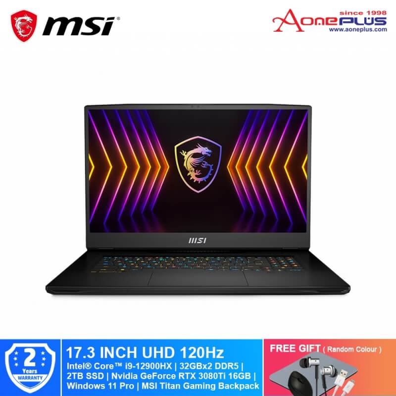 MSI Titan GT77 12UHS-034MY Gaming Laptop Core Black 9S7-17Q111-034 | i9-12900HX| 2TB SSD| 32GBx2| Nvidia GeForce RTX 3080Ti| 17.3-Inch UHD| Win11 Pro + Free Premium Gift