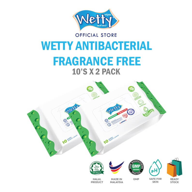 Wetty Antibacterial Fragrance Free Wet Wipes 10\'s x 2 Bags