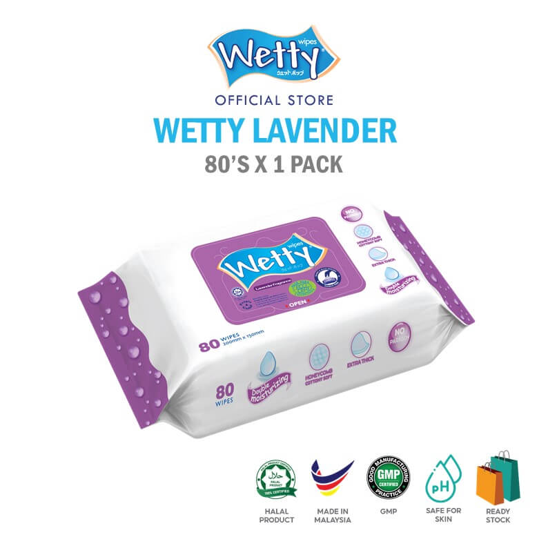 Wetty Wet Tissue Lavender Fragrance Wipes Tuala Basah Tebal 1pack x 80\'s