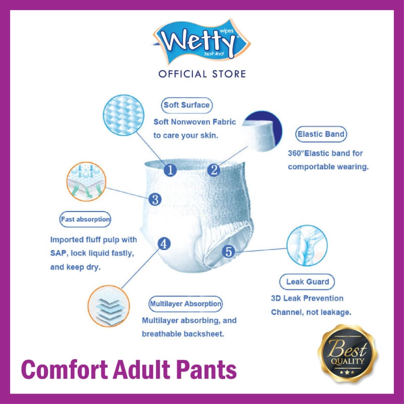 Adcare Adult Pants (M SIZE 10 PCS) x 1 Bags [Free Wetty Wet Wipes 10's Rose / Cherry Blossom]