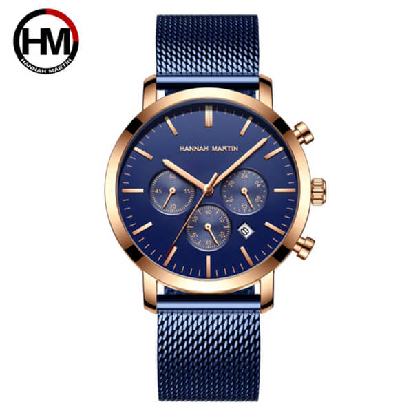 (hannah martin hm)HANNAH MARTIN Multifunctional Business Watch-Blue Surface Blue Steel Band (HM-1093)