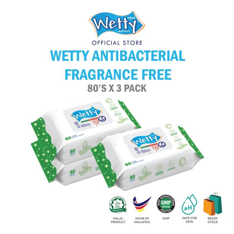 Wetty Antibacterial Fragrance Free Wet Wipes 80\'s x 3 Bags