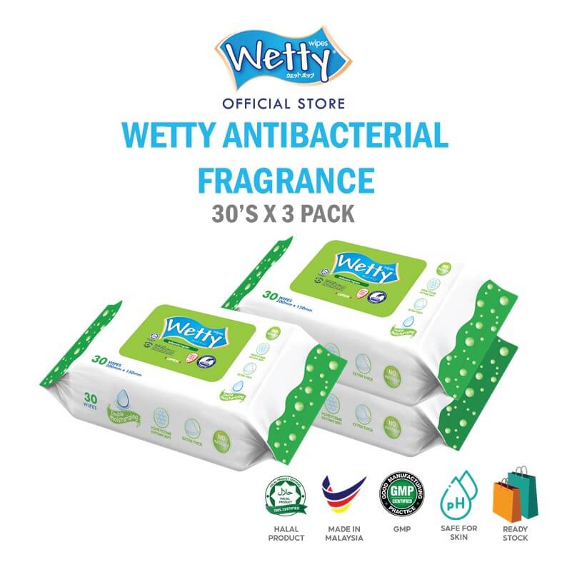 Wetty Wet Tissue Antibacterial Fragrance Baby Wipes Extra Thick Tisu Basah 3 x 30\'s