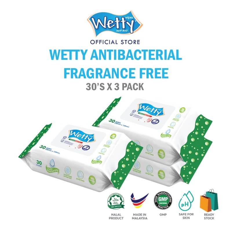 Wetty Wet Tissue Antibacterial Fragrance Free Baby Wipes Extra Thick Tisu Basah 3 x 30\'s