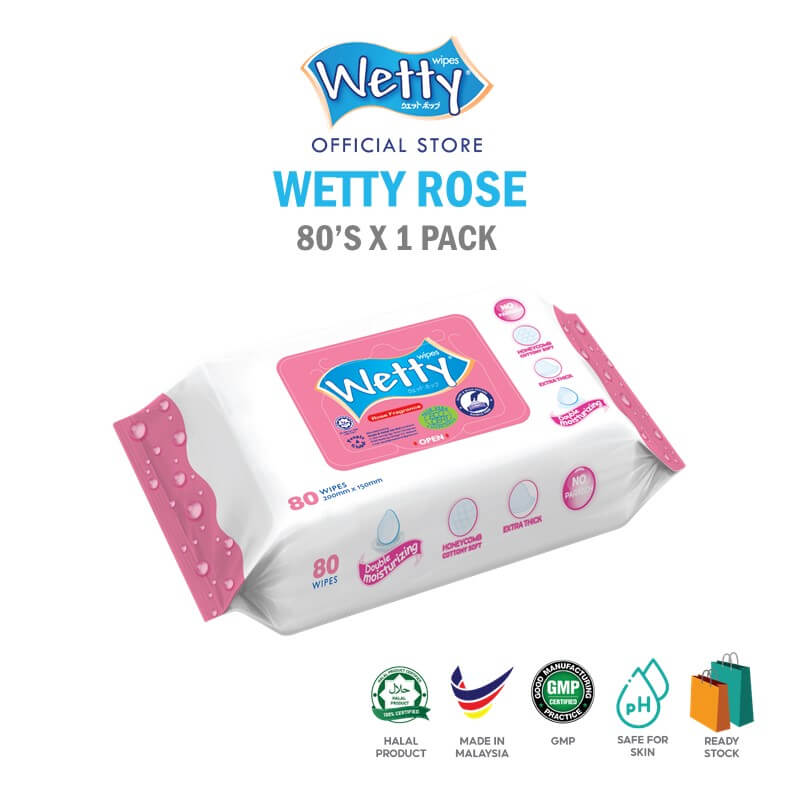 Wetty Wet Tissue Rose Fragrance Wipes Tuala Basah Tebal 1pack x 80\'s
