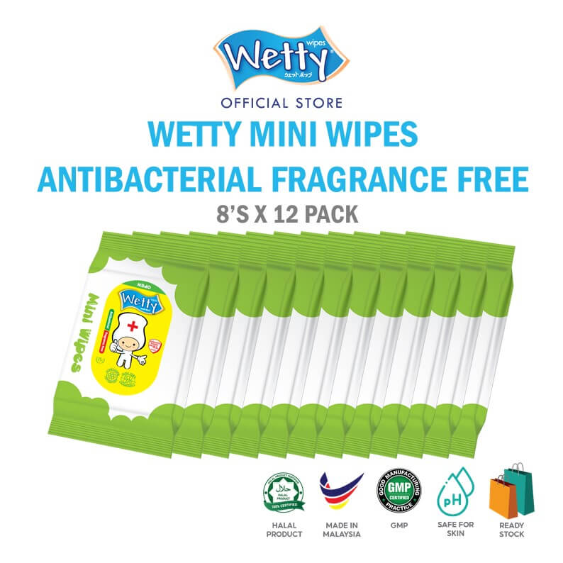 Wetty Mini Antibacterial Fragrance Free Wet Wipes 8's x 12 Bags