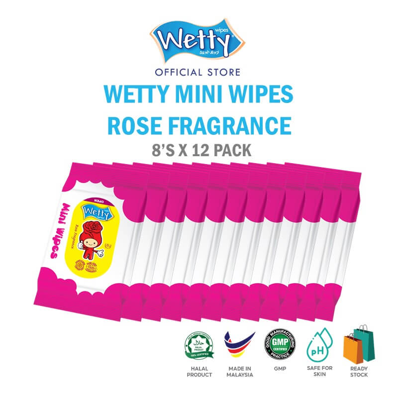 Wetty Rose Mini Wet Wipes 8's x 12 Bags (Inner Box)