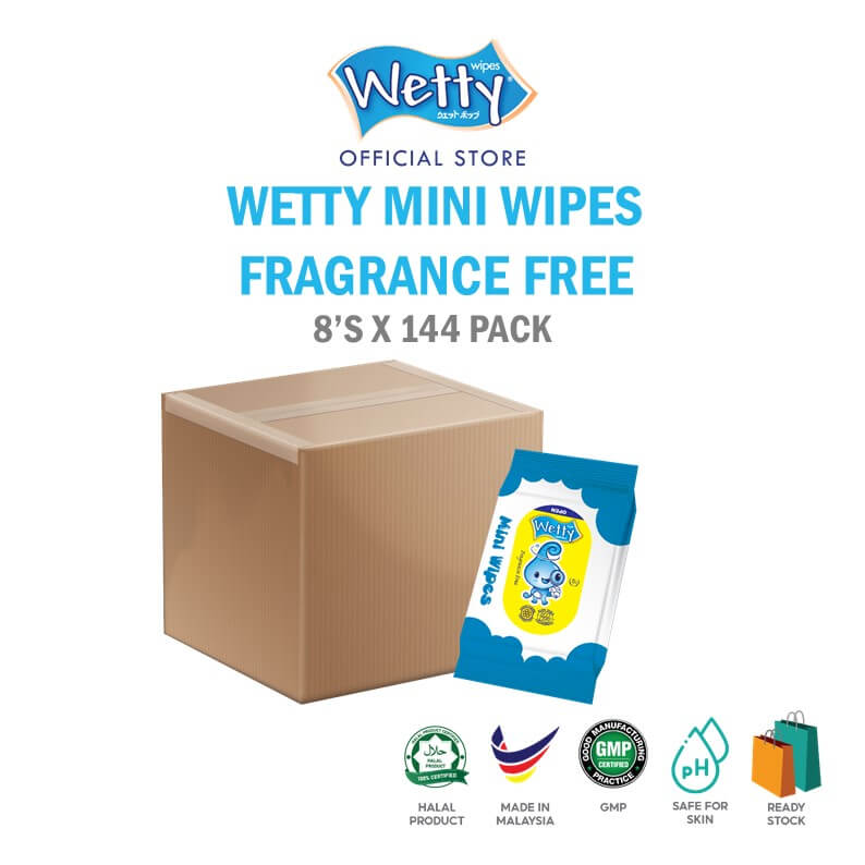 Wetty Fragrance Free Mini Wet Wipes 8\'s x 144 Bags (CARTON)