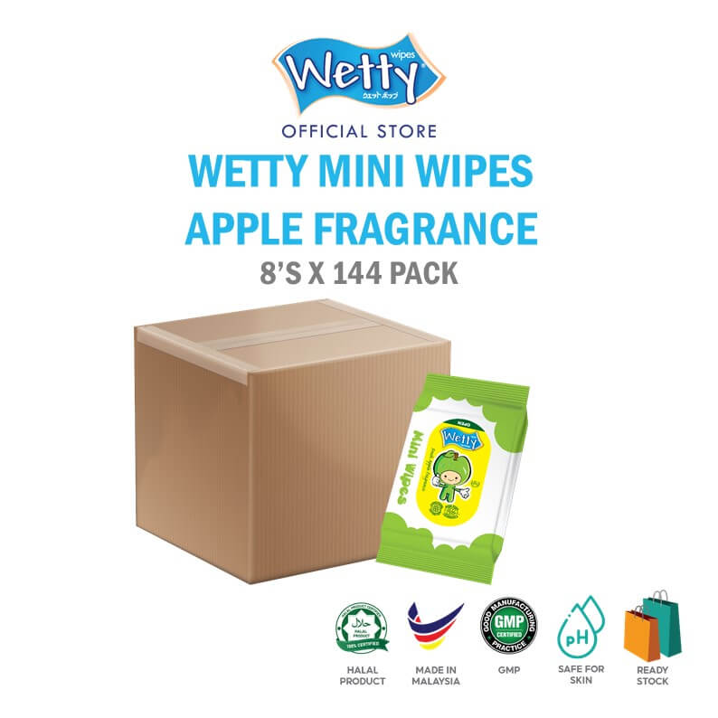 Wetty Apple Fresh Mini Wet Wipes 8\'s x 144 Bags (CARTON)