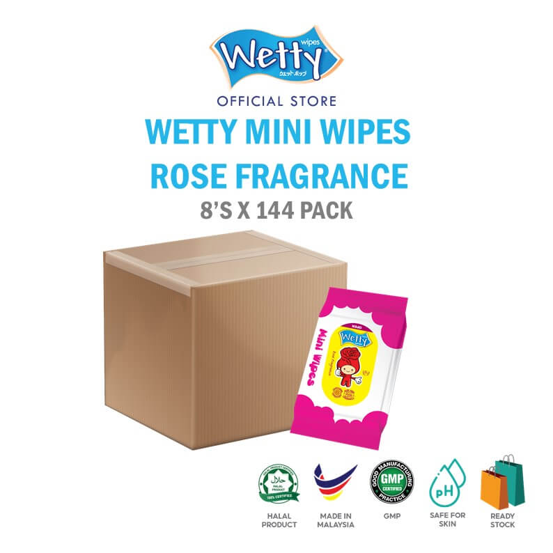 Wetty Rose Fragrance Mini Wet Wipes 8\'s x 144 Bags (CARTON)