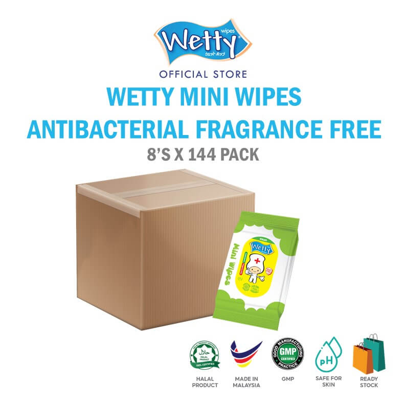 Wetty Mini Antibacterial Fragrance Free Wet Wipes 8\'s x 144 Bags (CARTON)