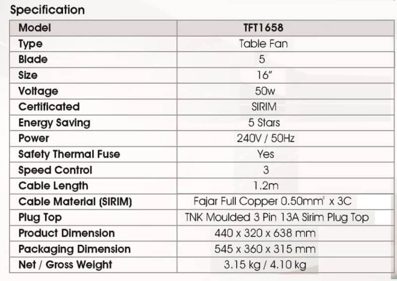 TNK 16" Safety Drop Switch Table Fan Kipas Meja 3 Speed SIRIM - TFT1658