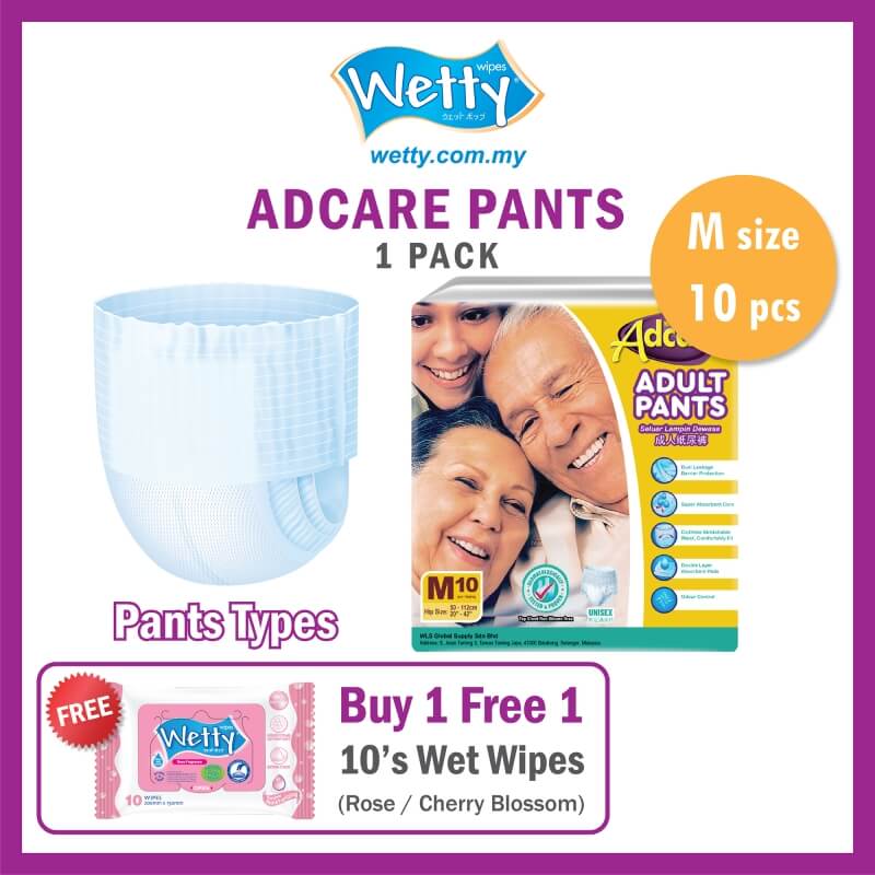Adcare Adult Pants (M SIZE 10 PCS) x 1 Bags [Free Wetty Wet Wipes 10\'s Rose / Cherry Blossom]