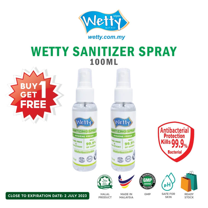 Wetty Sanitizer Spray Liquid Type pembersih Tangan Antibakteria 99.9% (100ml) [BUY 1 GET 1 FREE]