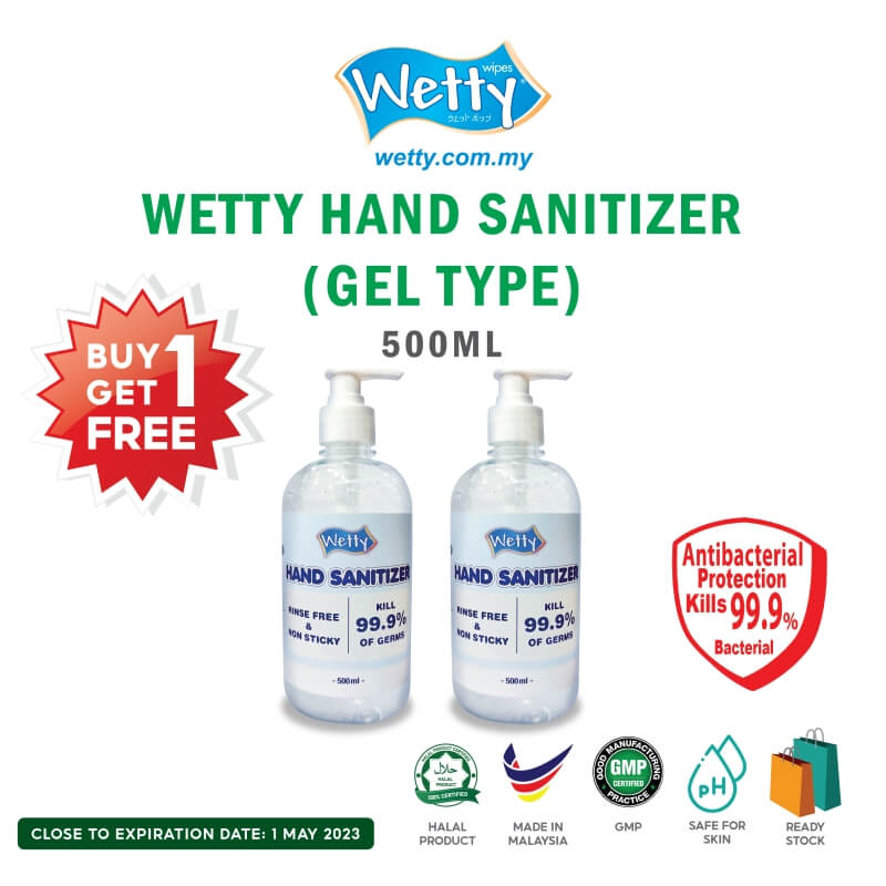 Wetty Hand Sanitizer Alcohol Gel Pump 75% Pembasmi Kuman Mudah Tekan Pum (500ml) [BUY 1 GET 1 FREE]