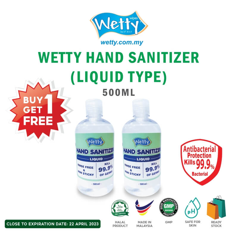 Wetty Hand Sanitizer Alcohol Liquid 75% Pembasmi Kuman (500ml) [BUY 1 GET 1 FREE]