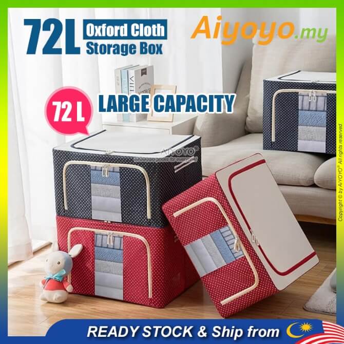 72L Foldable Storage Box Organizer Large Capacity Wardrobe Organiser Simpan Baju Oxford Cloth Storage Box Steel Frame
