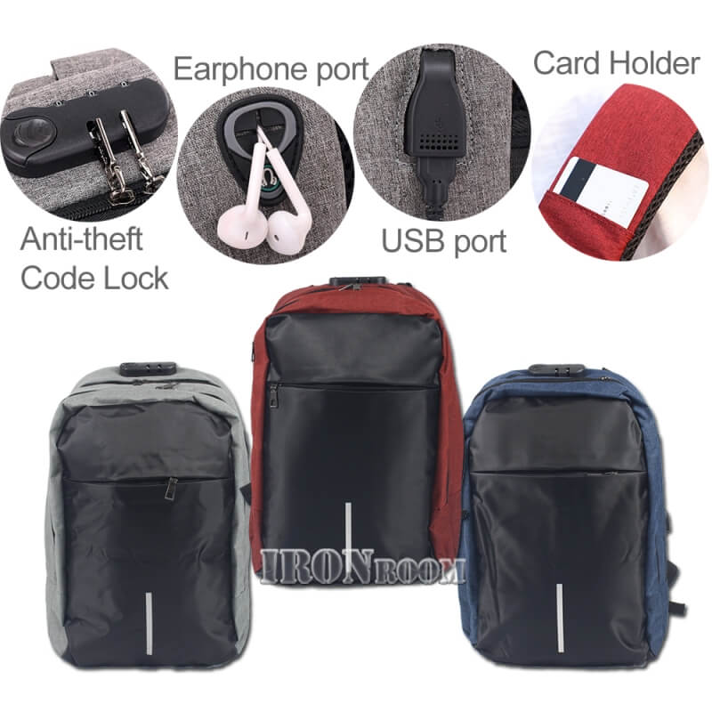 IRONROOM Waterproof 16 Inch Backpack with anti-theft lock and USB port B20-538