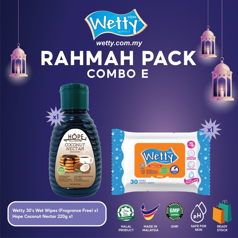 [RAHMAH PACK] Combo E - HOPE Organic Coconut Nectar (220g) & Wetty Fragrance Free Wet Wipes (30's)