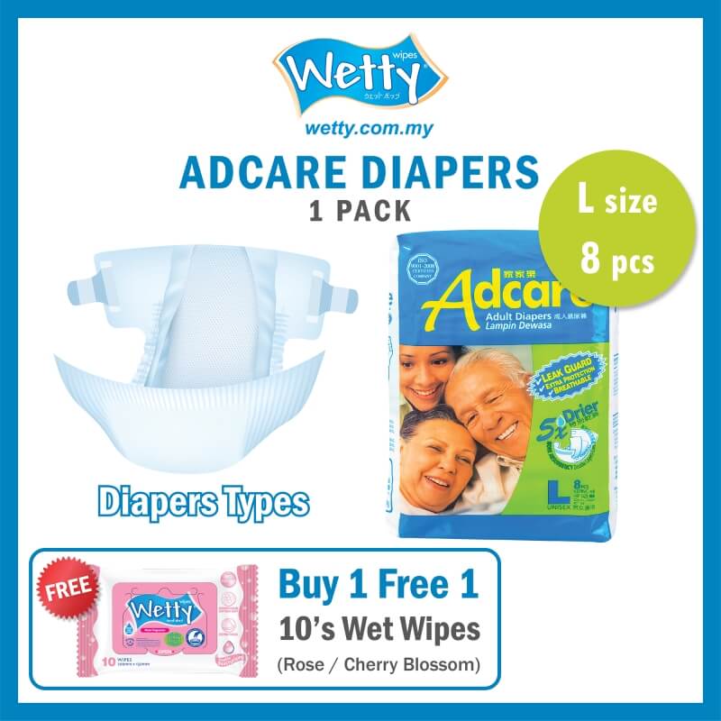 Adcare Adult Diapers Leak Guard (L Size 8 PCS) x 1 Bags [Free Wetty Wet Wipes 10's Rose / Cherry Blossom]