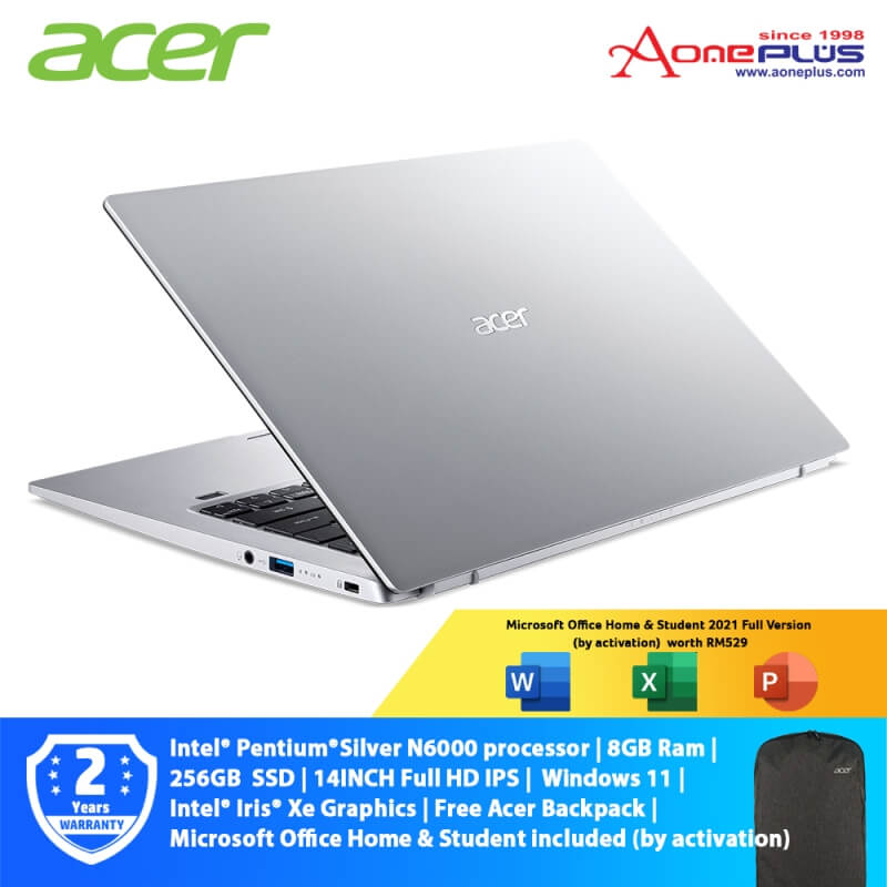 Acer Swift 1 SF114-34-P9TR Pure Silver Notebook NX.A77SM.003 Intel Pentium Silver 8GB Ram 256GB SSD Intel UHD Graphics 14-inch FHD Win11 Preload Office Home & Student
