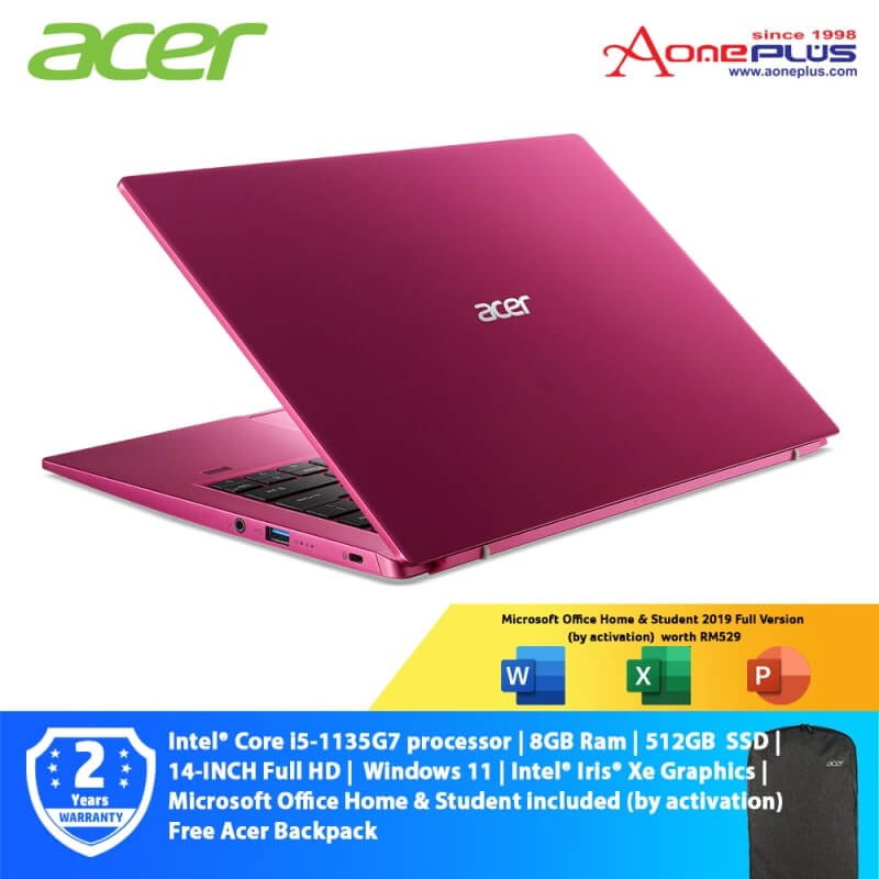 Acer Swift 3 SF314-511-504D Laptop Berry Red NX.ACTSM.002 i5-1135G7 8GB 512GB SSD Intel Iris Xe Graphics 14-Inch FHD Win 11 Microsoft Office Home & Student 2019 Full Version