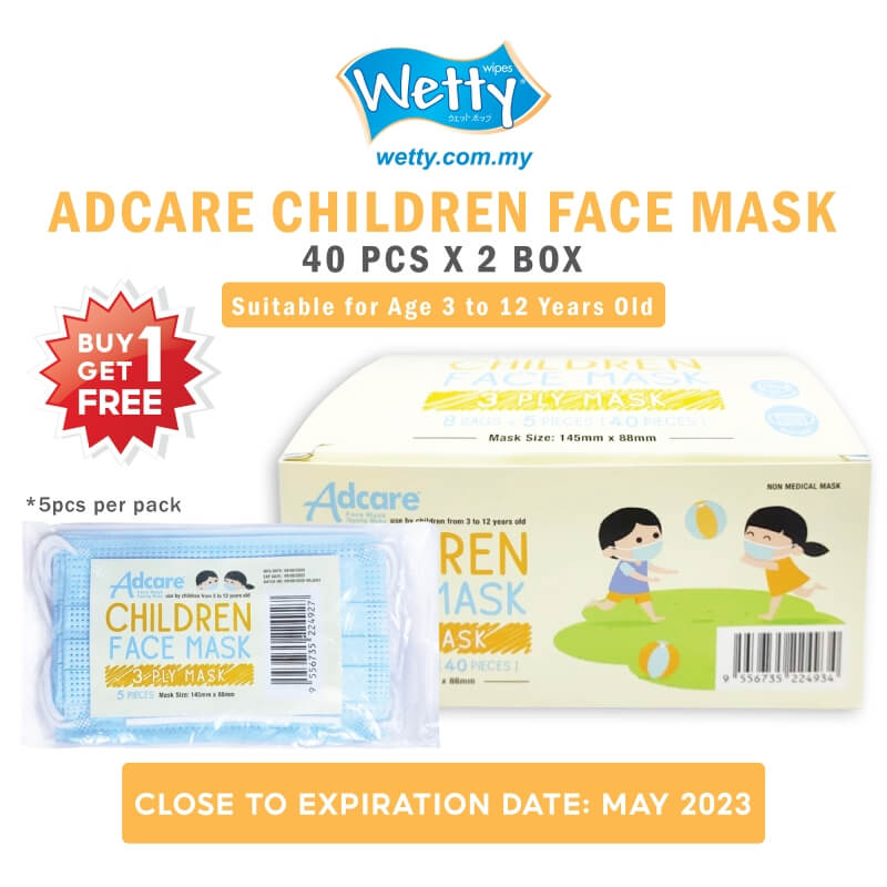 Adcare 3 Ply Children Kids Face Mask - Blue (40 Pcs/Box) [Buy 1 Get 1 Free]